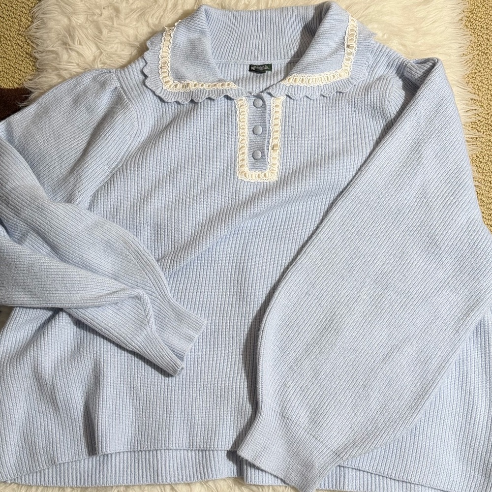 NWT Wild Fable 4X Light Blue Sweater with Ruffle Neckline Button down Ribbed